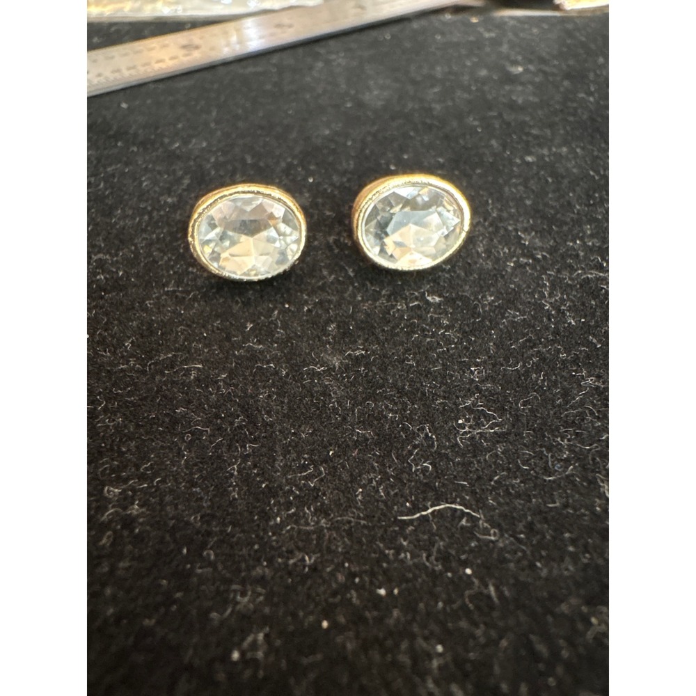 18k Gold Filled Oval Faceted Clear Crystal Stud Earrings Classic Bezel Set